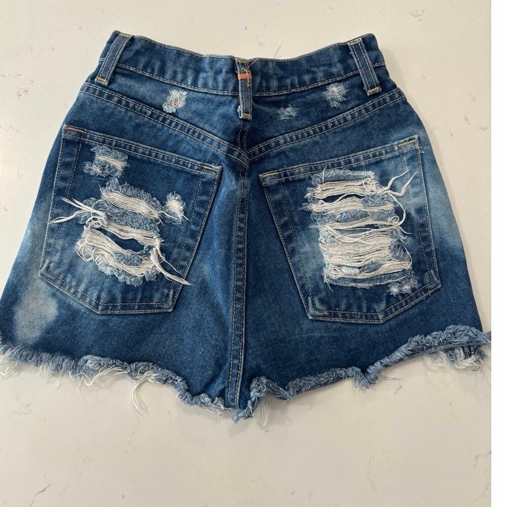 High waisted micro mini shorts size 25 dark wash distressed boho raw hem mom - Picture 2 of 6
